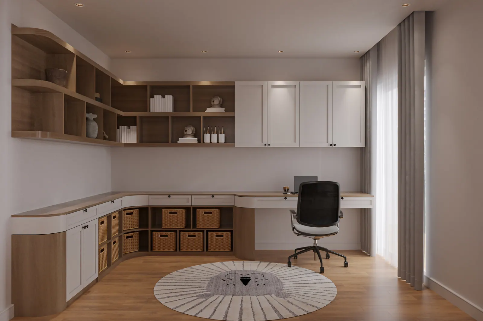 Arbeitszimmer mit Eckschreibtisch und Regalen