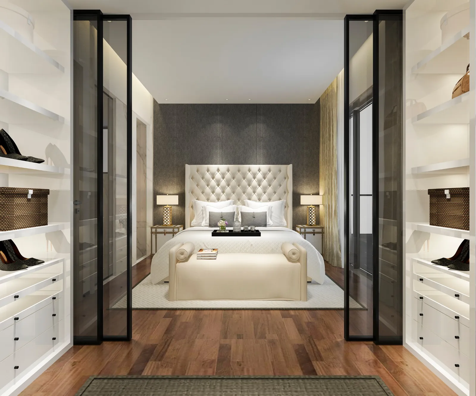 Schlafzimmer mit Schrankwand und begehbarer Ankleide